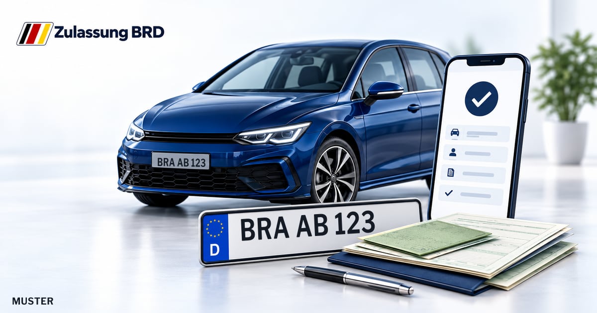 Online Fahrzeugzulassung in Landkreis Wesermarsch: Musterkennzeichen BRA AB 123, Auto und Fahrzeugpapiere und Smartphone. Illustration mit Logo von Zulassung BRD.